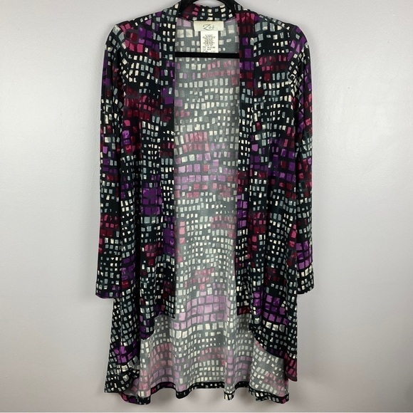 Zoe Classic Geometric Longline Open Front Long Sleeve Cardigan Medium Purple - Picture 3 of 10